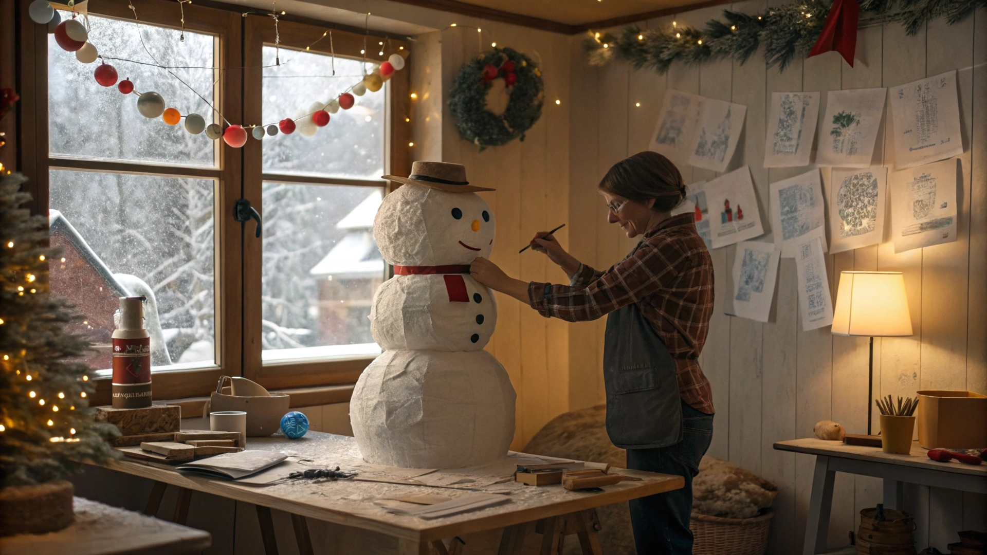 Winter Paper Mache Snowman Decor