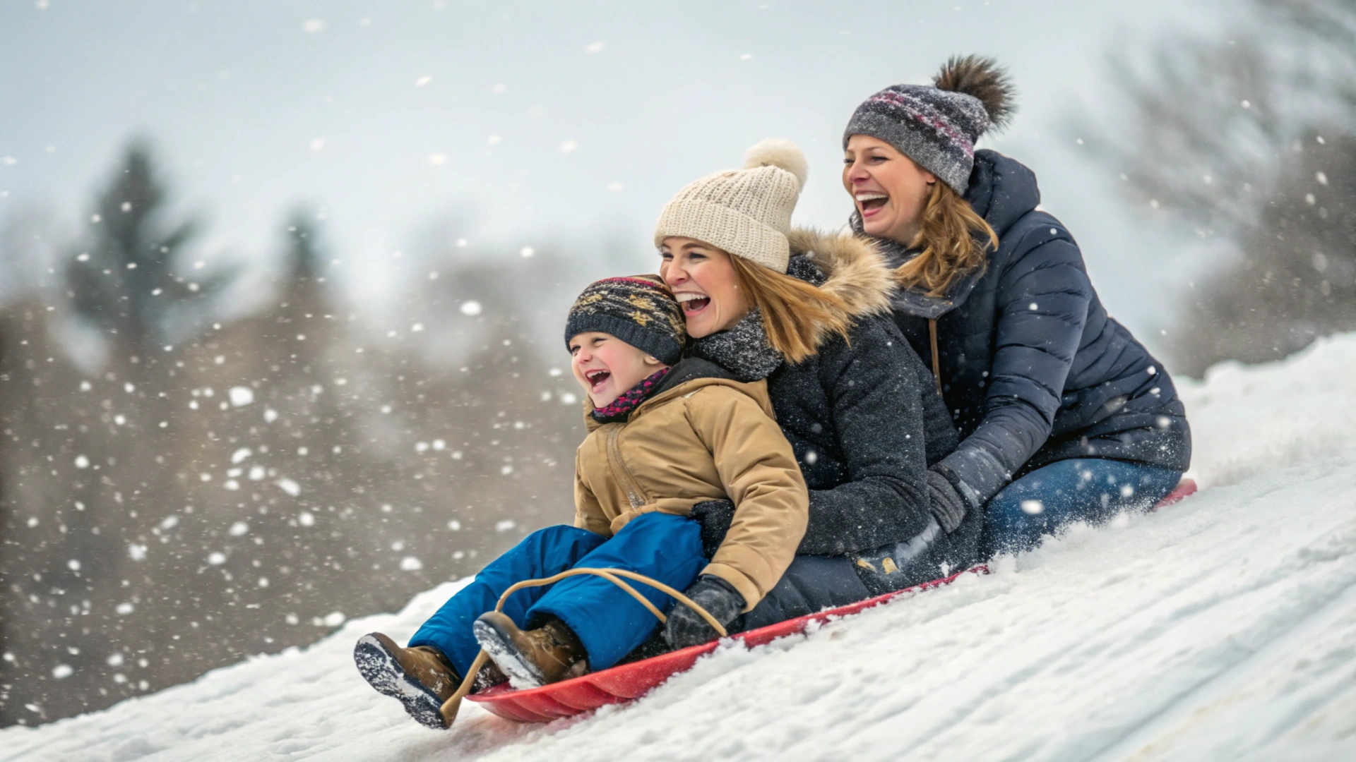 Snowy Family Sledding